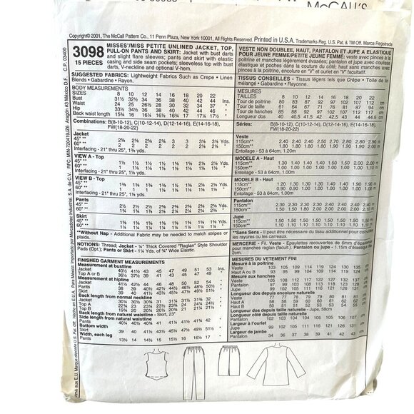 McCall's Pattern 3098 Misses' Petite Suit Pants Sz 18-22 Jacket Pants Top Skirt - Picture 3 of 3